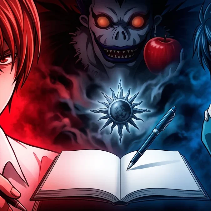Ilustração em alto contraste mostrando Light Yagami sob luz vermelha e o detetive L sob luz azul, em clima de suspense.