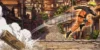 Cena do jogo Naruto Shippuden: Ultimate Ninja 5 mostrando uma tora de madeira surgindo em uma nuvem de fumaça após o uso do jutsu de substituição, com a Vila da Folha ao fundo.