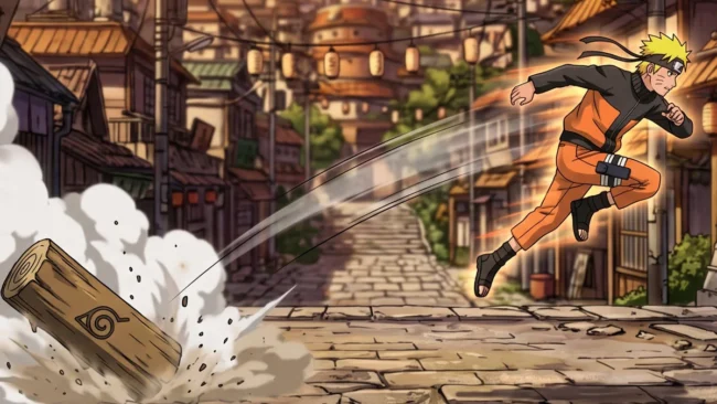 naruto-shippuden-ultimate-ninja-5-ps2 Cena do jogo Naruto Shippuden: Ultimate Ninja 5 mostrando uma tora de madeira surgindo em uma nuvem de fumaça após o uso do jutsu de substituição, com a Vila da Folha ao fundo.