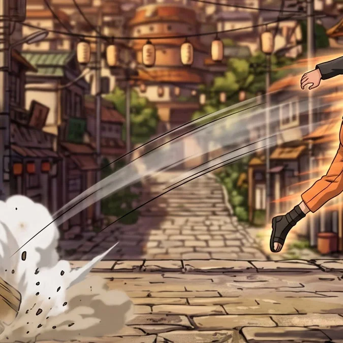 Cena do jogo Naruto Shippuden: Ultimate Ninja 5 mostrando uma tora de madeira surgindo em uma nuvem de fumaça após o uso do jutsu de substituição, com a Vila da Folha ao fundo.