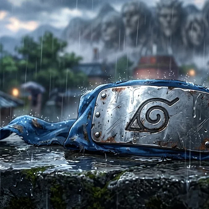 Close-up em uma bandana ninja da Vila da Folha com metal escovado e gotas de chuva, destacando o símbolo de Konoha.