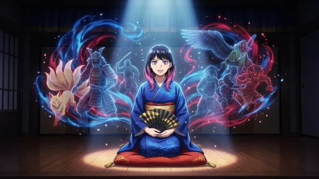 akane-banashi-anime-protagonista-rakugo-palco Ilustração de Akane Osaki no palco de rakugo com leque na mão, iluminada por luzes dramáticas e sombras teatrais ao fundo.
