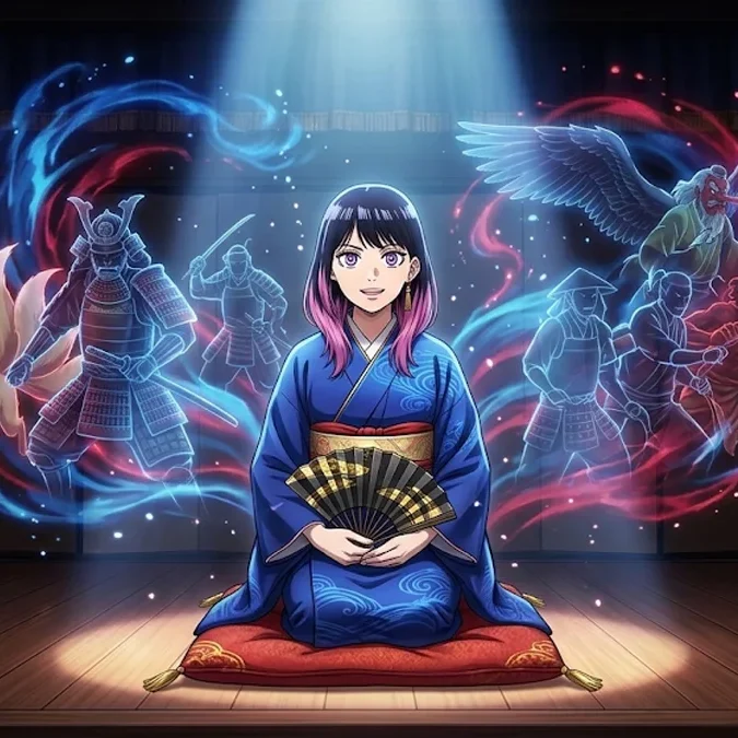 Ilustração de Akane Osaki no palco de rakugo com leque na mão, iluminada por luzes dramáticas e sombras teatrais ao fundo.