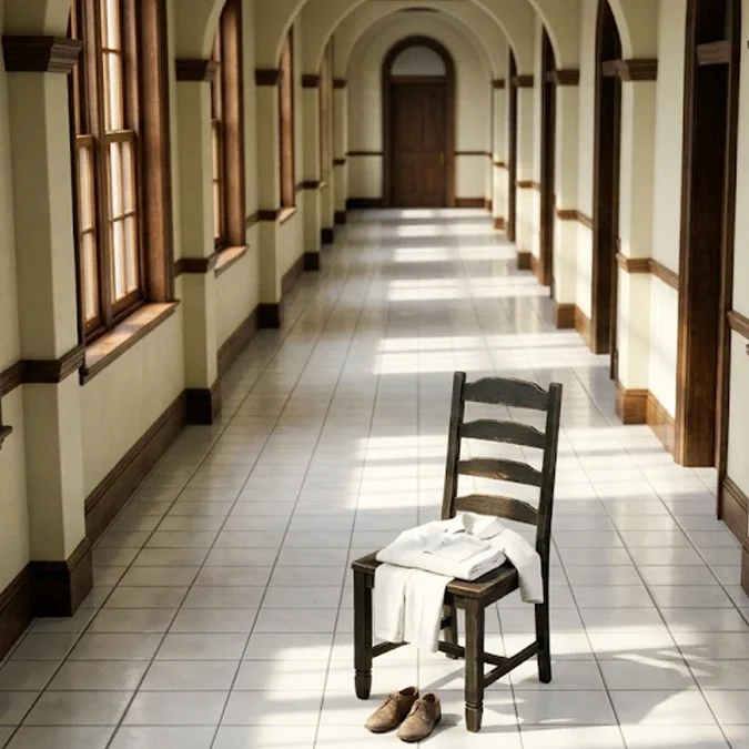 Interior simétrico e iluminado por luz solar de um corredor estilo vitoriano em Grace Field House, destacando um uniforme branco dobrado sobre uma cadeira de madeira.