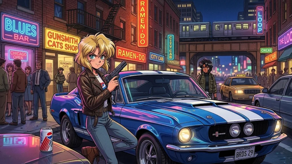 Ilustração de Rally Vincent de Gunsmith Cats encostada em seu Shelby Cobra azul nas ruas noturnas de Chicago.