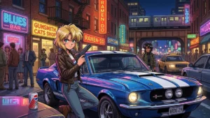 Ilustração de Rally Vincent de Gunsmith Cats encostada em seu Shelby Cobra azul nas ruas noturnas de Chicago.