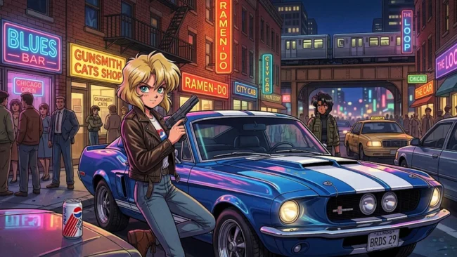 gunsmith-cats-anime-rally-vincent-chicago Ilustração de Rally Vincent de Gunsmith Cats encostada em seu Shelby Cobra azul nas ruas noturnas de Chicago.