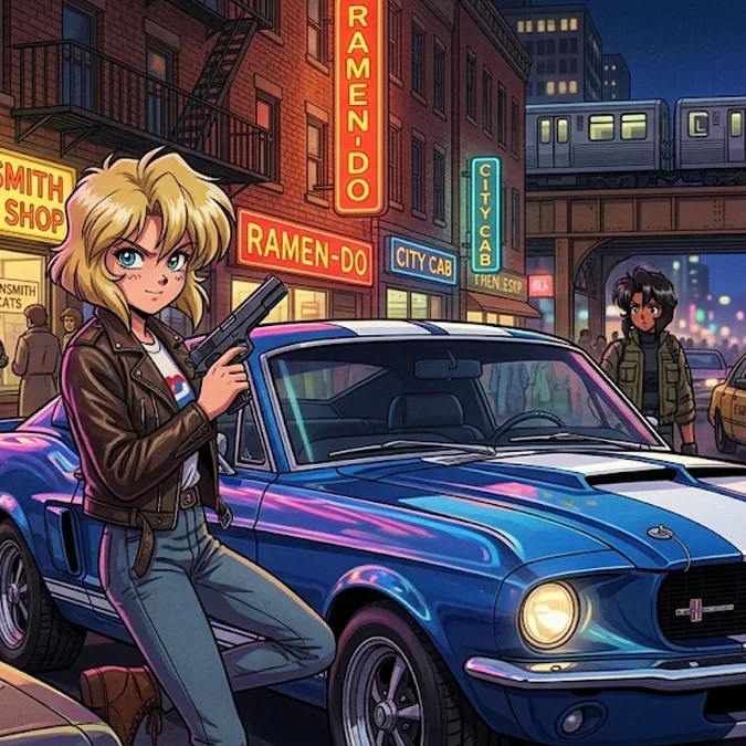 Ilustração de Rally Vincent de Gunsmith Cats encostada em seu Shelby Cobra azul nas ruas noturnas de Chicago.
