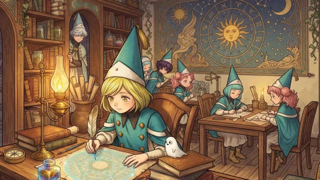 Jovem bruxa com chapéu pontudo desenhando um círculo mágico luminoso usando uma pena de tinta em um ateliê repleto de livros.
