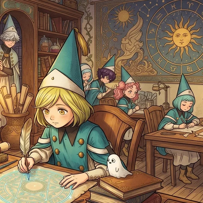 witch-hat-atelier-coco-magia-ilustracao Jovem bruxa com chapéu pontudo desenhando um círculo mágico luminoso usando uma pena de tinta em um ateliê repleto de livros.