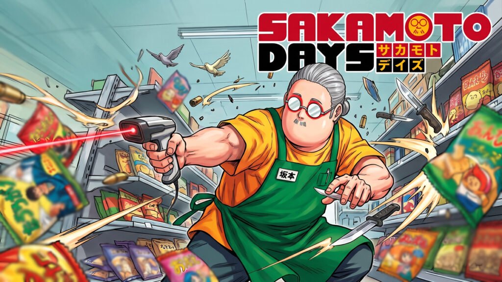 Taro Sakamoto usando avental de loja de conveniência enquanto bloqueia ataques com estilo cinético e vibrante.
