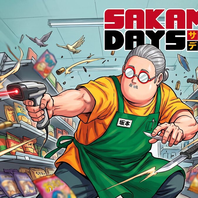 taro-sakamoto-days-anime-acao-loja Taro Sakamoto usando avental de loja de conveniência enquanto bloqueia ataques com estilo cinético e vibrante.